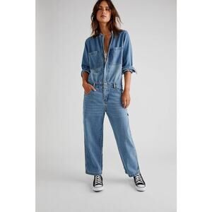 Free People Cotton Sandrine Rose Denim Jumpsuit Blue Women's Size Medium